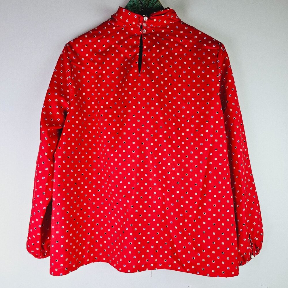 Vtg Lucky Me Loose Clergy Collar Neck Square Print Long Sleeve Silky Blouse, 38 - Picture 5 of 10